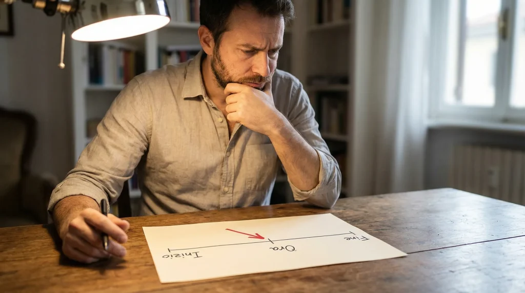 Cashout scommesse: uomo che decide se incassare anticipatamente con blocco note e timeline su carta