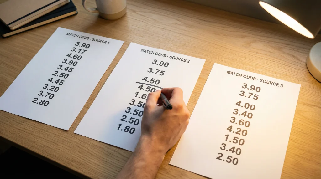 Confronto quote bookmaker calcio: tre colonne di numeri su fogli stampati affiancati su scrivania