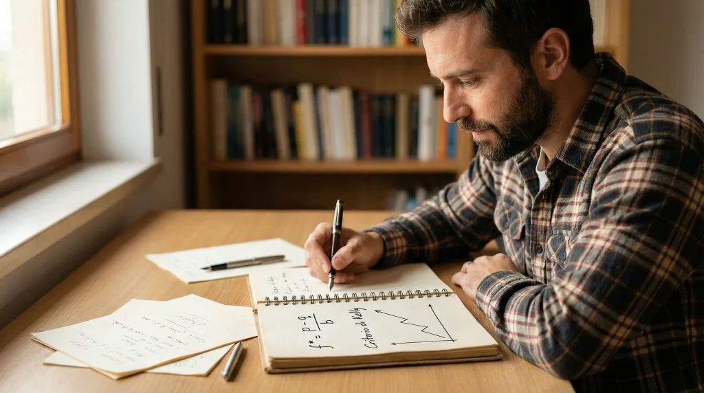 Criterio di Kelly per scommesse: uomo che annota la formula su un taccuino con grafico lineare semplice