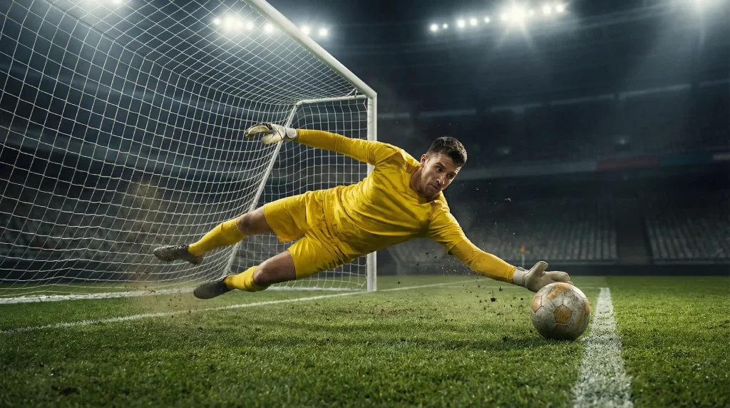 Gol No Gol scommesse calcio: portiere che para un tiro in porta su campo da gioco verde