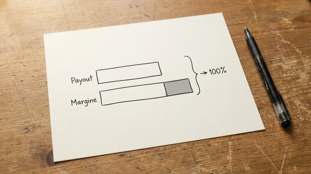Margine del bookmaker e payout: foglio con calcolo percentuale scritto a mano, formula visibile senza cifre reali