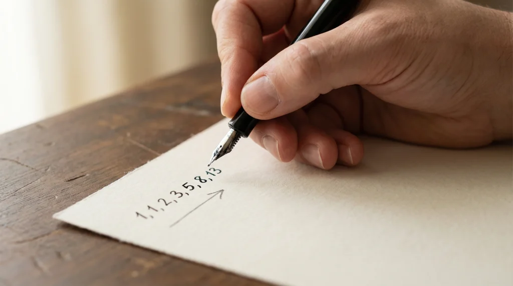 Metodo Fibonacci nelle scommesse: sequenza numerica scritta a mano su foglio con penna, nessun calcolatore