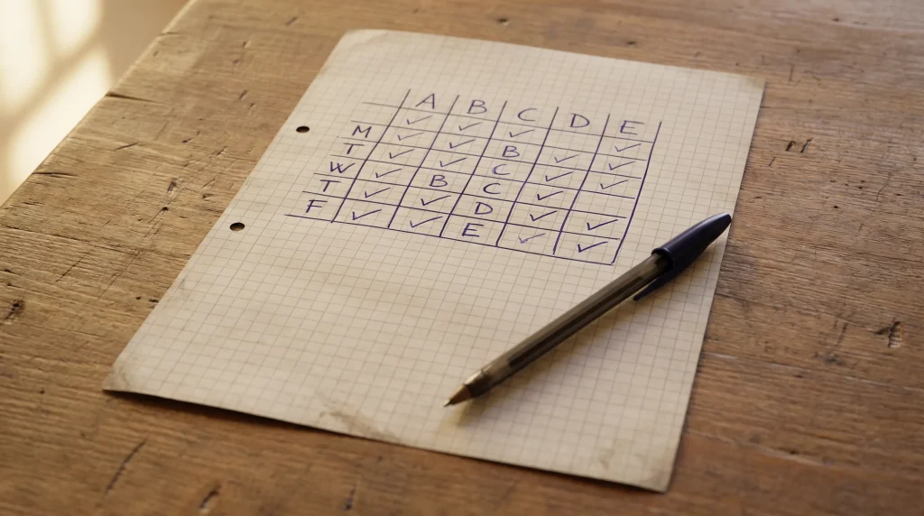 Metodo Masaniello scommesse: griglia di pianificazione scritta a mano su foglio con righe e colonne