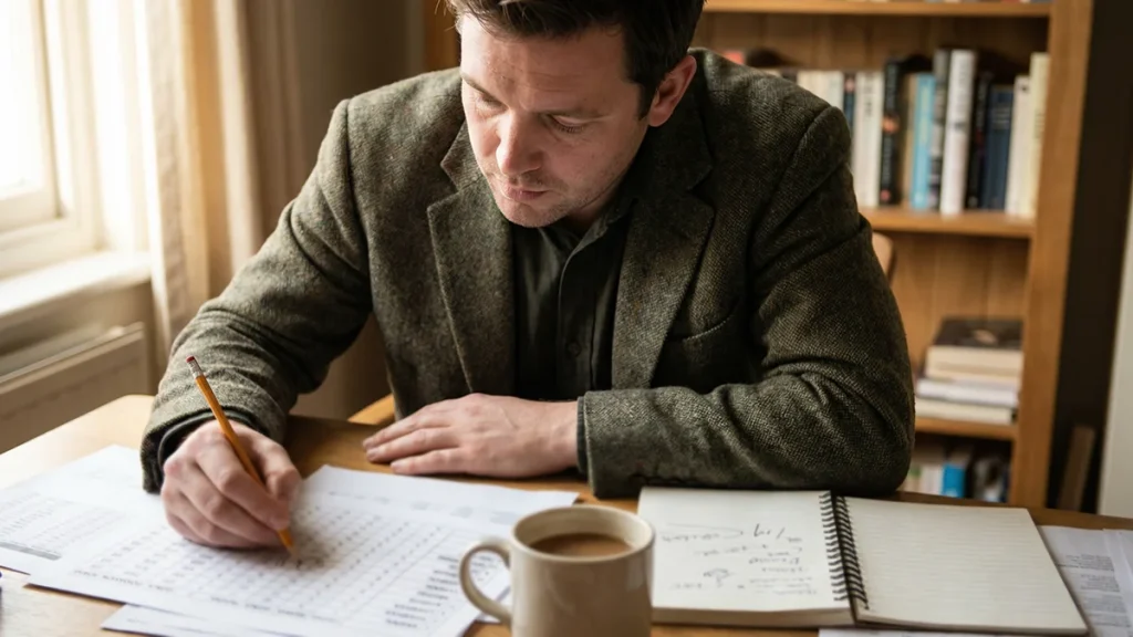 Pronostici calcio razionali: analista che esamina dati di partita su fogli stampati con note a matita