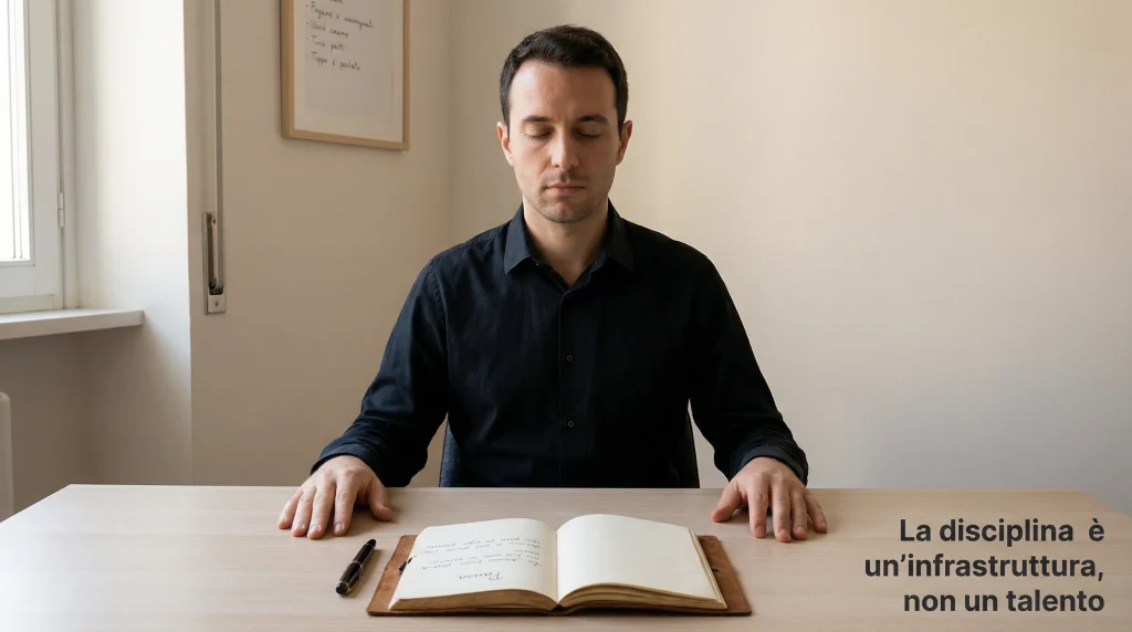 Psicologia delle scommesse: uomo che mantiene la calma e la disciplina davanti a risultati negativi, con diario e regole scritte sul tavolo