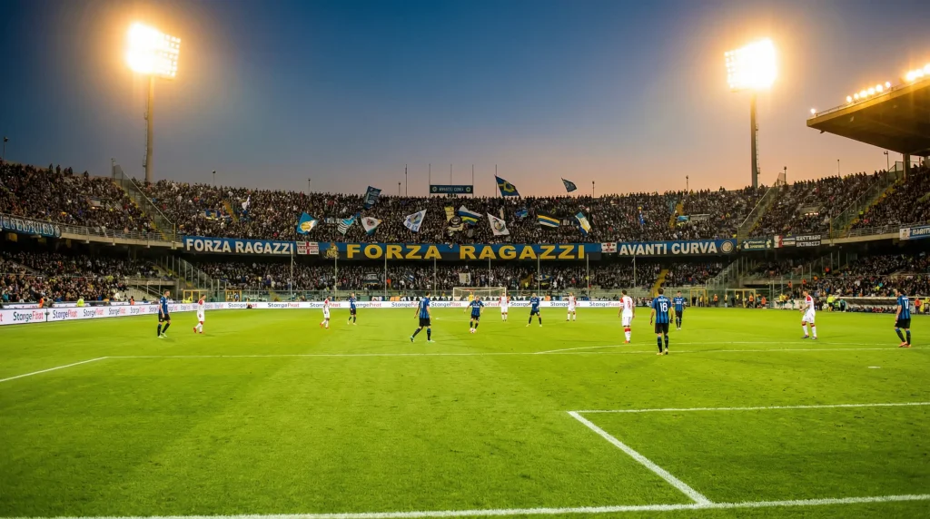 Scommesse Serie A: tifoso allo stadio con vista sul campo da calcio italiano in una serata di campionato