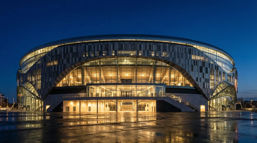 Champions League scommesse: stadio europeo illuminato di notte con campo verde e atmosfera da grande partita