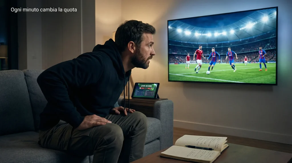 Scommesse live calcio: tifoso che segue la partita in diretta su tablet con statistiche in tempo reale sullo schermo