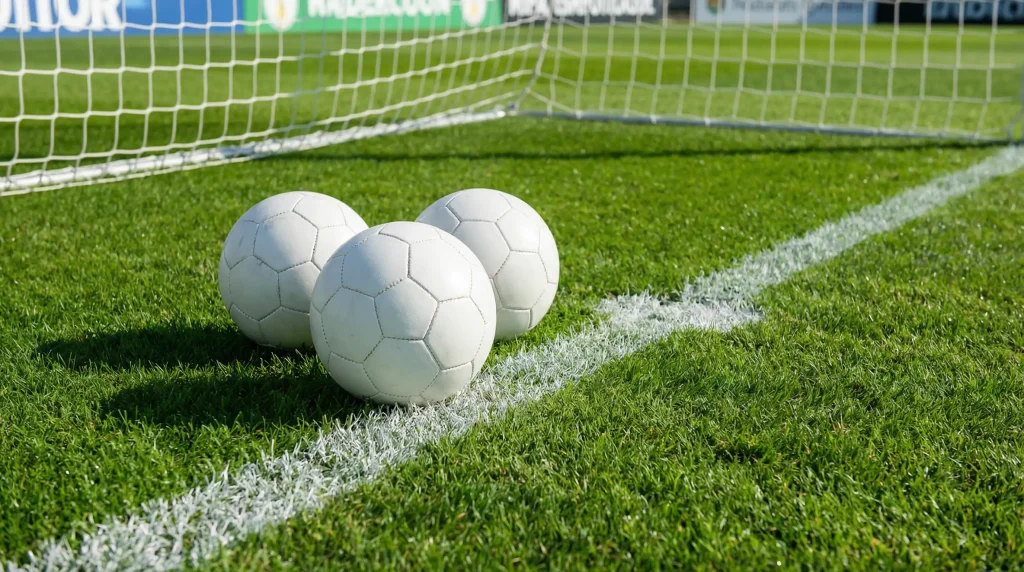 Over under 2.5 scommesse calcio: tre palloni da calcio sul terreno verde vicino alla linea di porta