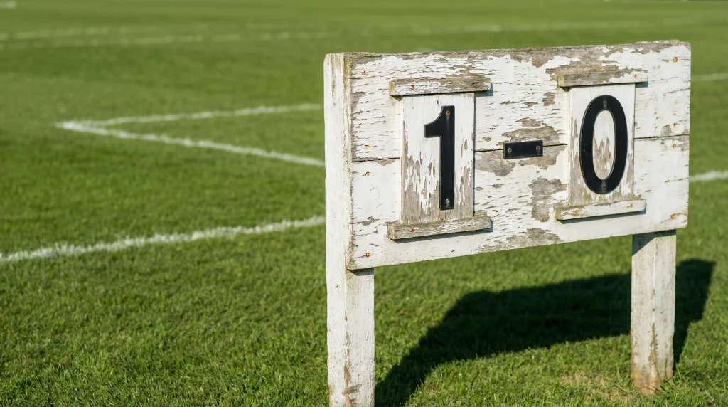 Scommesse risultato esatto: tabellone segnapunti manuale su campo da calcio con cifre 1 e 0