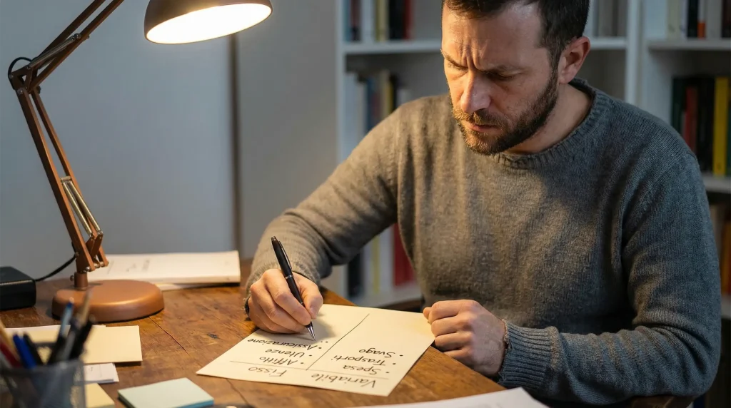 Stake scommesse fisso o variabile: due colonne su foglio scritto a mano con pro e contro di ogni strategia