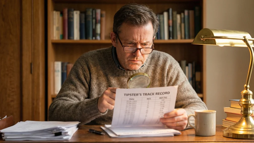 Tipster scommesse affidabile: persona che esamina un registro storico di pronostici su carta con lente critica